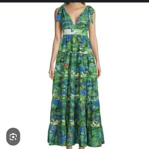 Antonio Melani Tropical Green & Blue Maxi Dress Zip BACK, Tie Shoulder  Size 0